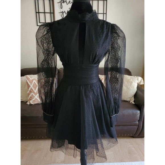 Wednesday Tulle & Lace Puffed Long Sleeve Black Mini Dress NWT Size 42 Boho Chic - Picture 1 of 12
